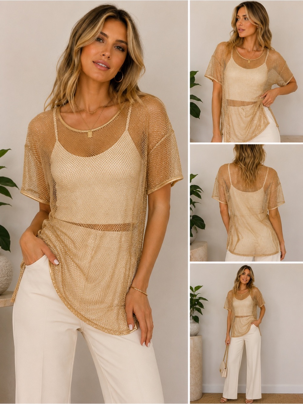 X-ES-NY Gold Metallic Mesh Fishnet Tunic Cover-Up Top Size M Y2K - Picture 6 of 12
